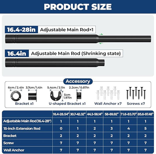Mavivegue Closet Rod, 17 to 28 Inch Adjustable Closet Rods for Hanging Clothes, Heavy Duty Tension Rod, Black Curtain Rod, for Closet, Wardrobes, Bathroom, Laundry