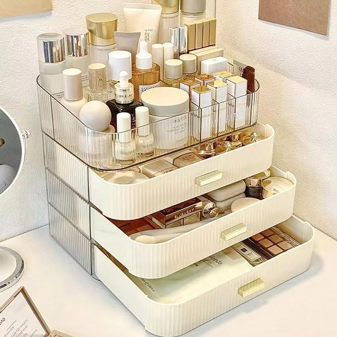 Makeup Organizer with Stackable Drawers, Bathroom Vanity Organizers and Storage, Ideal for Desk and Dresser Countertops, Great for Cosmetics, Skincare, Lipsticks, Nail Care - Cream