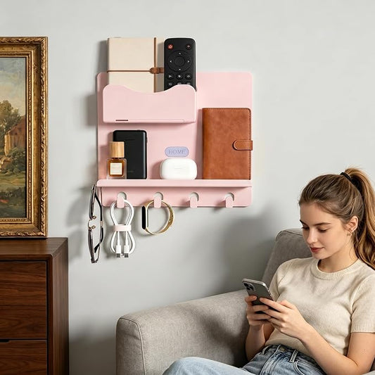 Bedside Shelf Wall Mount, Adhesive Bedside Shelf Accessories Organizer with Hooks and Cable Clips,Dorm Bedside Wall Storage for Phone, Remote, Earphone,Plastic (Pink)