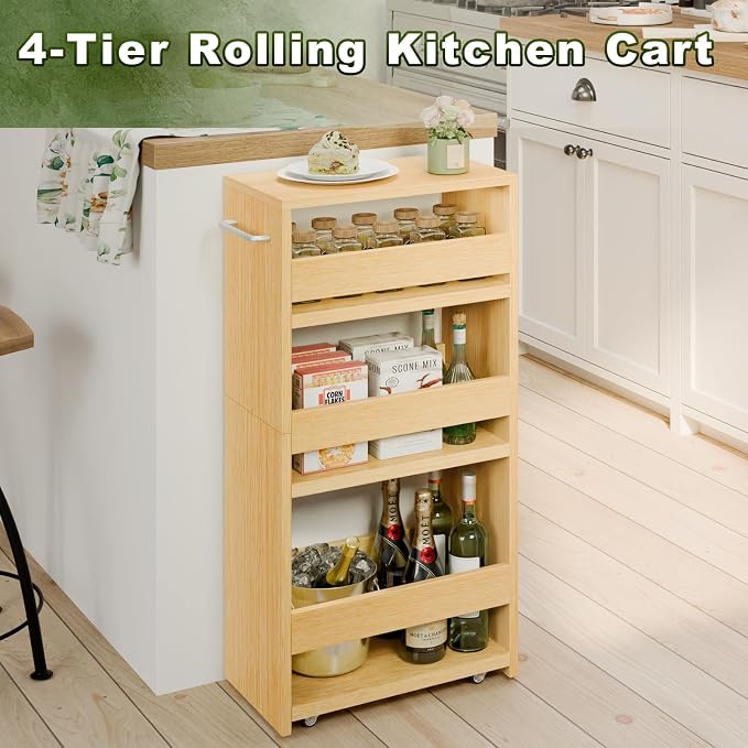 MARTY Rolling Storage Cart 7.9" W, 4-Tier Kitchen Cart with Wheels Handle, Slim Storage Cart Mobile Shelving Utility Carts for Bathroom Laundry Room Organization Narrow Places (Maple)