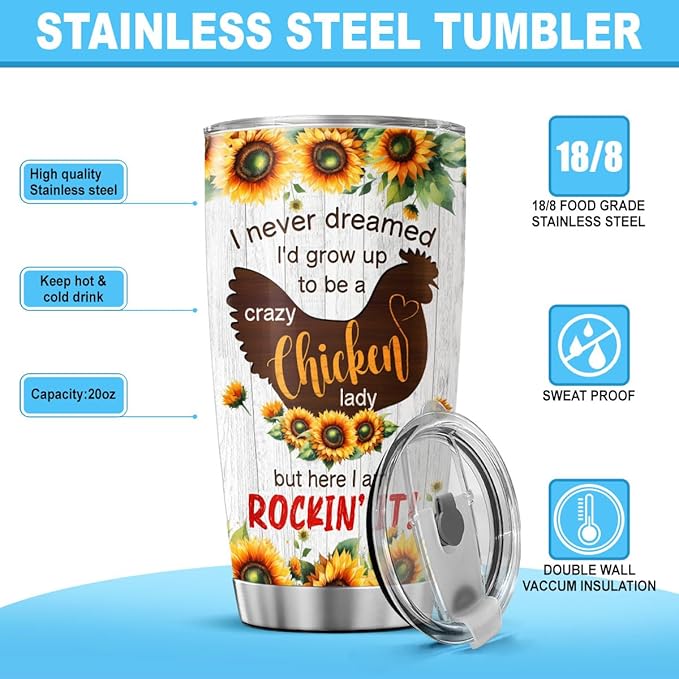 Crazy Chicken Lady Gift for Women, Funny Sunflower Chicken Cup 20oz Stainless Steel Insulated Tumbler, Rustic Farm Style Travel Mug for Chicken Lovers, Backyard Farmers, Mom or Wife