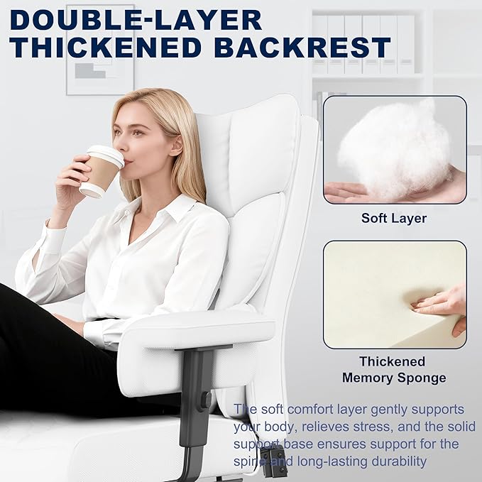 Misolant Big and Tall Office Chair with Footrest, High Back Executive Desk Chair with Adjustable Lift Armrest, 155°Recline,Lumbar Support Pillow, Faux Leather Gaming Chairs for Home or Office White