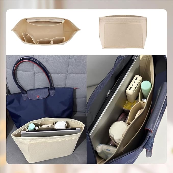 Doxo Felt Purse Organizer Insert,Handbag Organizer Compatible with Longchamp Le-pliage Large and More, Long Champ Bag Organizer Keeps Tote Handbags Shaped & Neat (Beige,Large)