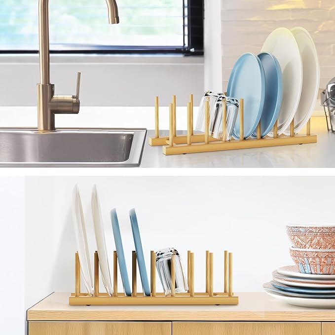 Bamboo Dish Drying Rack for Kitchen Organizer-Sturdy Plate Rack Organizer with Natural Bamboo, Dish Rack Holds Plates, Cups & Cutting Boards-Dish Drying Rack for Countertop & Cabinets(4 Pack)