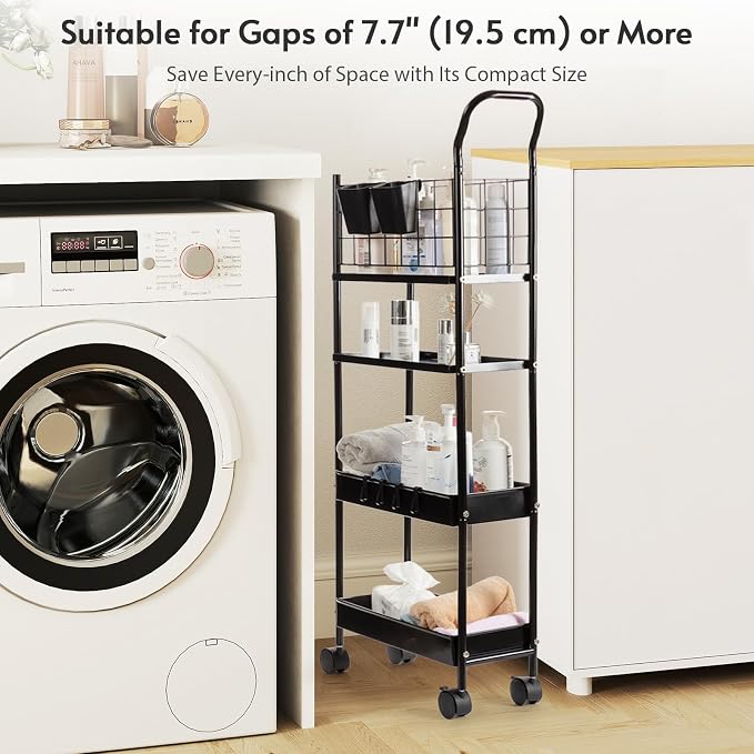 danpinera 4 Tier Slim Cart with Wheels, 7.7’’ Metal Skinny Rolling Storage Cart on Wheels for Kitchen, Bedroom, Office, Laundry Room, Small Narrow Spaces with Hooks and Cups, Black