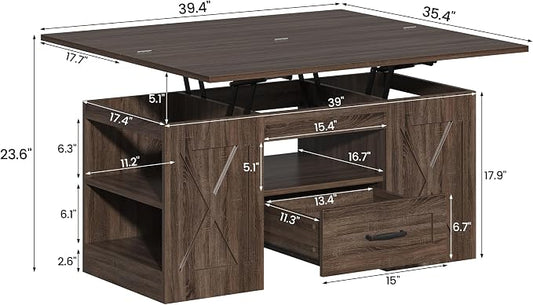 kepptory 39.4'' Lift Top Coffee Table with Storage, 4 in 1 Multi-Function Convertible Coffee Tables for Living Room, Farmhouse Coffee Table with Open Storage Compartment & Drawers (Walnut)