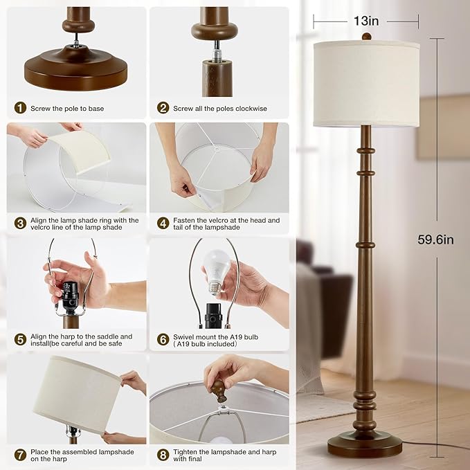 Floor Lamps for Living Room - 60" Wood Farmhouse Floor Lamp with Adjustable Color Temperatures - Vintage Standing Lamp Reading Light with Linen Shade Rustic Tall Lamp for Bedroom Office, Walnut