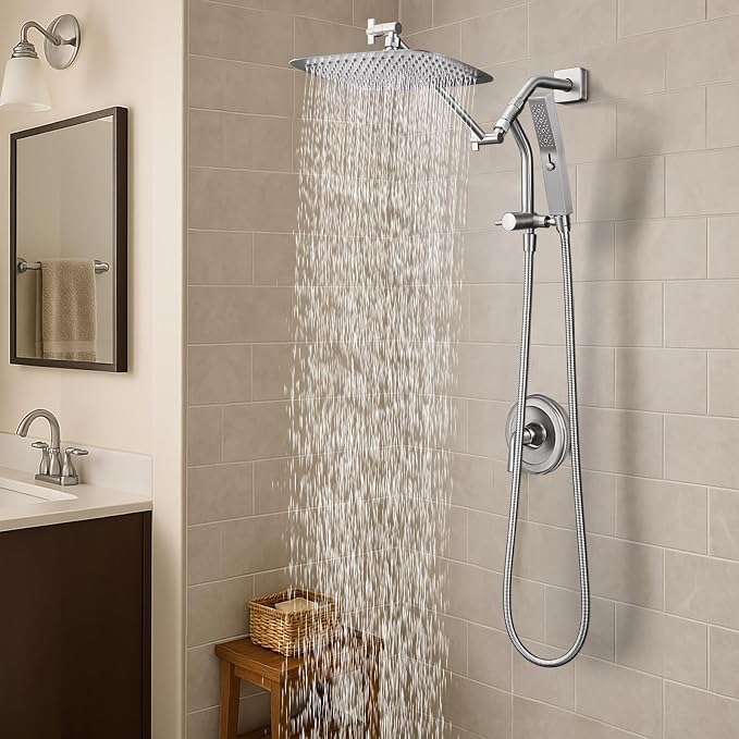 G-Promise All Metal 10 Inch Rain Shower Head with Massage Mode Handheld Spray Combo, 3-Way Diverter with Pause Setting, Full Body Coverage, Modern Bathroom Upgrade (Brushed Nickel)