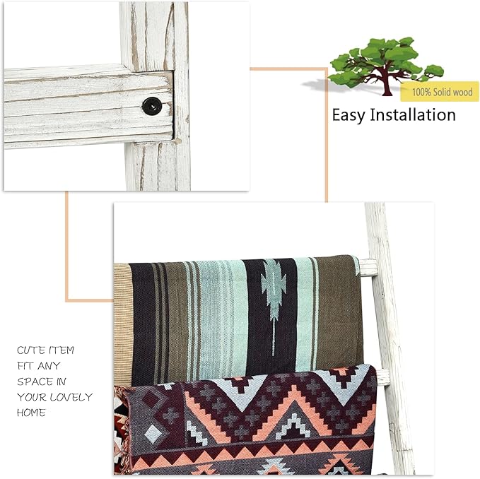 FUIN Extra Wide 6.4ft Wooden Blanket Ladder Living Room Decorative Wal Leaning Farmhouse Quilt Display Holder Rustic Wood Towel Rack for Bathroom, White, 38 inch Wide