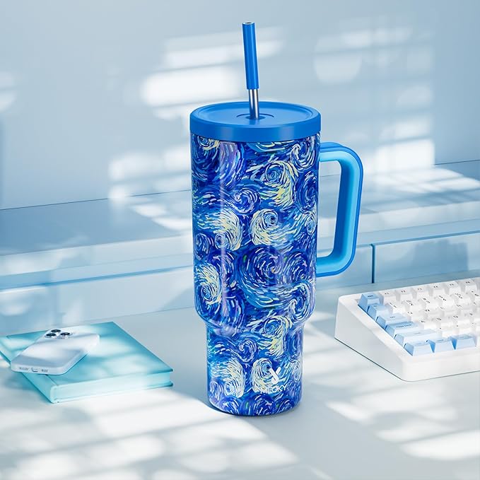 Meoky Tumbler with Handle and Straw for Women: 40 oz Stainless Steel Insulated Tumbler with Lid and Straw 100% Leakproof for Car Cup Holders - Travelers Commuters Workers, Van Gogh
