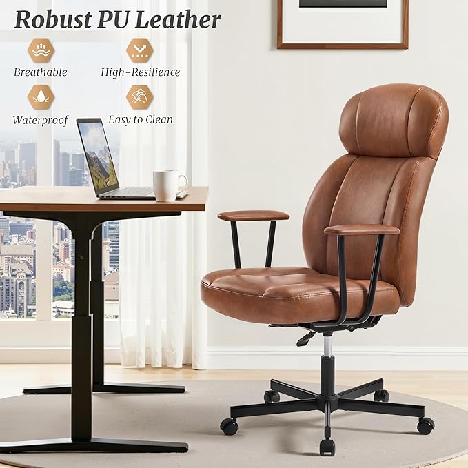 High Back Office Desk Chair, Breathable Ergonomic Leather Chair with 5-Layer Seat Cushion with 135°Reclining Lumbar Support Adjustable Height Rolling Swivel Executive Armrests Chair, Brown