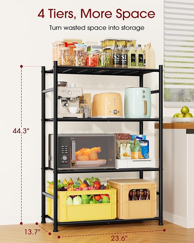 Sakugi Storage Shelves - 4-Tier Metal Storage Shelves with Wall Anchoring Kit & Leveling Feet, Sturdy Steel Shelf Organizer for Kitchen, Laundry Room, Bathroom, 23.6" x 13.7" x 44.8", Black