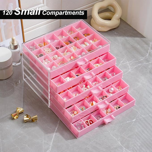 YUFONG Earring Storage Box Organizer, Acrylic Jewelry Storage Box Holder 5 Drawers Transparent Jewelry Display Stand with 120 Small Compartments Gift Boxes for Women Girls (Pink)