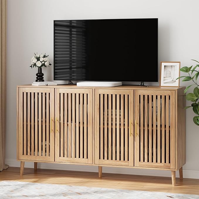 Buffet Cabinet with Storage,Sideboard with Grille Doors&Adjustable Shelf, Wood Coffee Bar Storage Cabinet for Kitchen Living Room Entryway (Natural Wood, 63 Inch)
