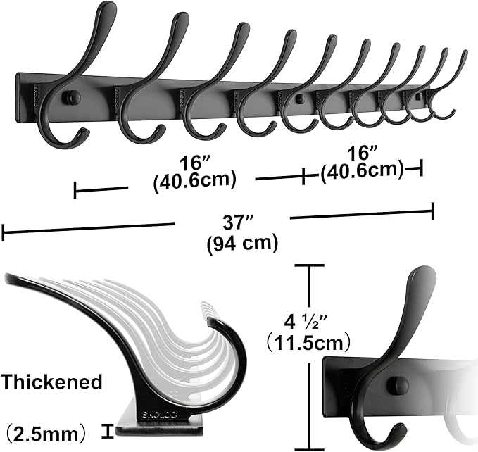 SKOLOO Coat Rack Wall Mounted - 10 Hooks, Pack of 2, Heavy Duty, Stainless Steel, Metal Wall Hanger, Sturdy Coat Hooks for Hanging Coats, Jacket, Clothes, Hat, Black