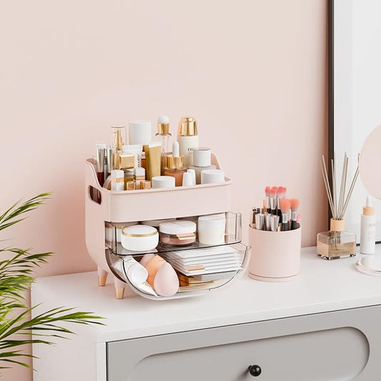Yieach Pink Make up Organizer for Countertop,Vanity,Large Capacity Bathroom Makeup Skincare Organizers With Brush Holder,Makeup Storage Organizer for Lotion,Beauty Products,Skin Care,Makeup Display
