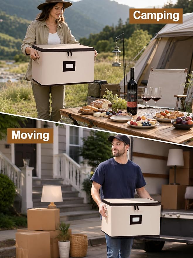 punemi Wine Glass Storage Box, Stemware Storage Case with 12 Padded Dividers, Hard Shell Support & Dustproof Lid, Stackable Glassware Containers for Wine Glasses, Goblets, Beige, 2 Pack