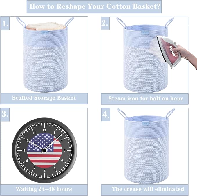 80L Extra Large Blue Laundry Hamper Basket, Tall Woven Hamper for Bedroom, Cotton Rope Laundry Basket for Clothes, 16x22 Inches