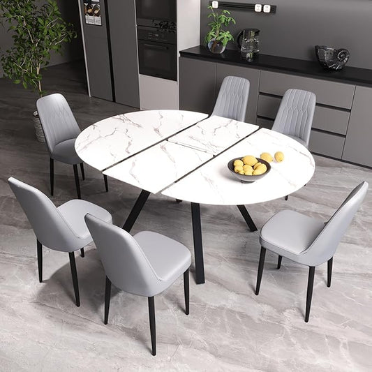 Extendable Round Dining Table Set for 6, 7 piece Dining Table Set with 47-63" Extendable Table and 6 Upholstered Chairs, Modern Sturdy MDF Kitchen Table Set for Small Spaces, Dining Room and Office