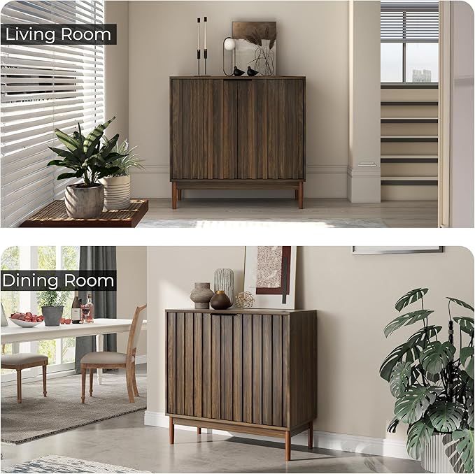 Fluted Cabinet with Storage, Buffet Cabinet Sideborad with 2 Doors, Brown Buffet Storage Accent Cabinets with Adjustable Shelves for Living Room, Entry, Hallway, Kitchen