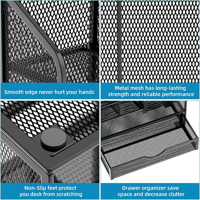 Marbrasse Mesh Pen Holder for Desk, Multi-Functional Pencil Organizer with Drawer, Desk Organizers and Accessories for Office Art Supplies (Black)