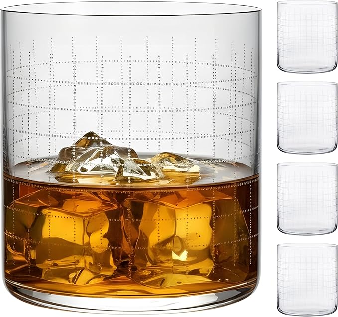 NUDE Whiskey Glasses Set of 4 SOF Finesse Grid Lead-Free Crystal Old Fashioned Rocks Glasses for Whisky, Scotch & Bourbon – Etched Graphic Motif, Dishwasher Safe Barware –10.25 oz