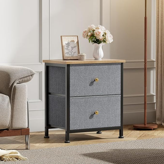 DUMOS Nightstand Small Dresser with 2 Fabric Drawers Side Tables Bedroom End Table Kids Bedside Storage Furniture for 20 inch Tall Night Stand for Closet, Entryway, College Dorm, Blue 2Pack