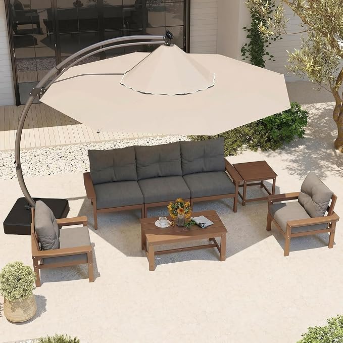 Teak HDPE Patio Sofa Set, 3-Piece Sectional Outdoor Patio Furniture Set, All Weather Outdoor Couch Set with Washable Thick Cushions for Lawn, Garden, Deck, Balcony, Porch, Poolside, Yard