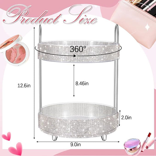 Honeydak 360 Rotating Perfume Organizer Gift for Women, Rhinestone Preppy Skincare Organizer Bathroom Counter Makeup Holder Skincare and Perfume Storage for Cosmetic(2 Tiers,Rhinestone,White)