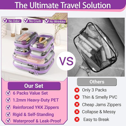 6 Pack Purple Clear Hard Shell Beauty Organizer (2M+4S), 1.2mm Heavy Duty Crush-Proof Cosmetic Case, Reinforced YKK Zippers, Stadium Approved Security Bag for Skincare & Electronics, Multi-Size Set