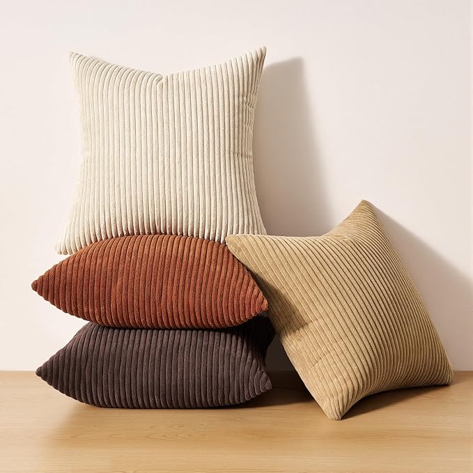 Topfinel Boho Throw Pillow Covers 18x18 Inch Set of 4 Soft Farmhouse Corduroy Striped Decorative Cushion Cover Beige Brown Gradient Rustic Pillow Case for Sofa Couch Living Room Bedroom