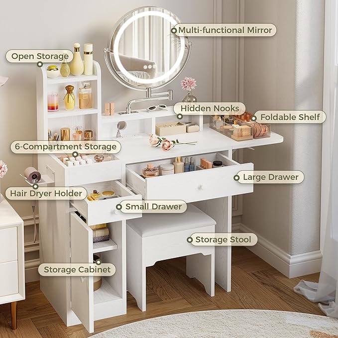 IRONCK Vanity Desk with 360° Rotating LED Mirror & Power Outlet, Makeup Vanity with 6 Slot Compartments & Storage Stool & Hairdryer Rack, White Dressing Table with Drop Leaf for Girls Women Bedroom