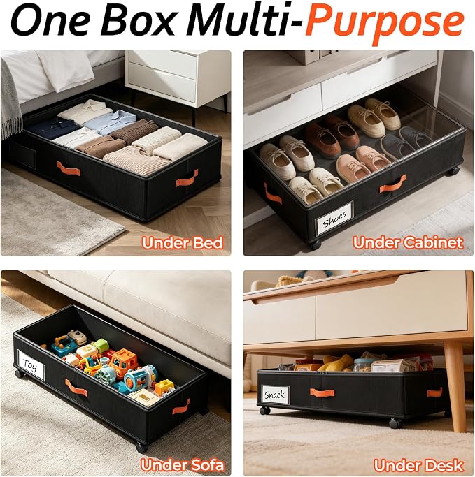 Under Bed Storage with Wheels 2-Pack, Under Bed Storage Containers 66L Clear Lids, Rolling Storage Drawers for Clothes Shoes Blankets, Underbed Organizer Bins(30" L x 16.2" W x 7.5" H)