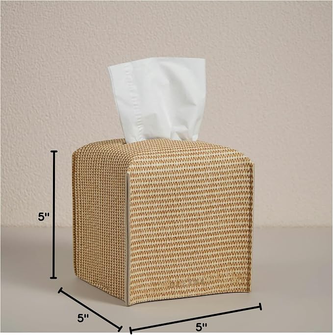 OLETHA Square Tissue Box Cover - Aesthetic Desk Decor for Room, Home & Office - Tissues Cube Boxes Holder - Rattan Textured, Set of 2