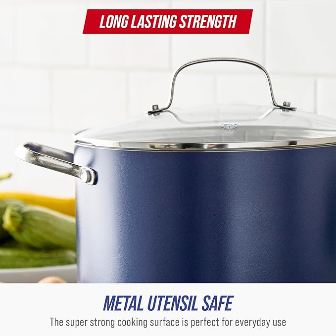 Blue Diamond 8QT Nonstick Stockpot with Glass Lid, PFAS-Free Ceramic, Multipurpose Cooking, Sauces & Soups, Pasta, Boiling & Canning Pot, Dishwasher & Oven Safe, Stainless Steel Handles, Navy