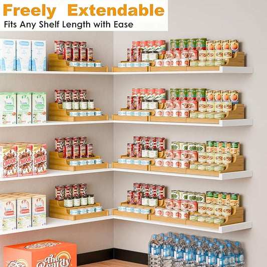 Simple Trending Expandable Bamboo Can Rack Organizer for Pantry, 3-Tier Adjustable Can Storage Holder Holds Up to 24 Cans, Canned Goods Storage Display for Cabinet, Countertop