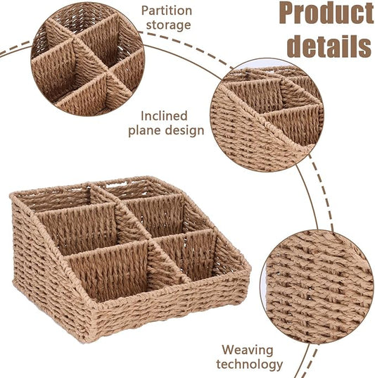 Makeup Organizer, Hand-woven Wicker Basket for Dresser Vanity and Bathroom Countertop, 6 Compartment Skincare Organizer Cosmetic Display Case, Beauty Holder for Lipstick Brush Eyeshadow Palette