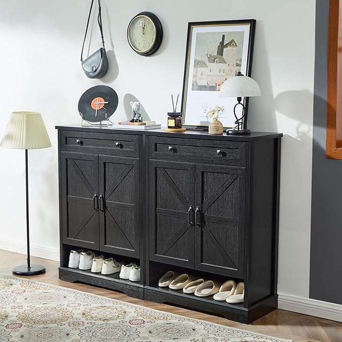 SOOWERY Shoe Cabinet with Drawer, Farmhouse Shoe Storage Cabinet with Doors, 5 Tiers Narrow Shoe Organizer for Entryway, Foyer, Hallway, Black