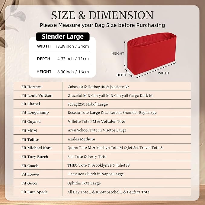 Purse Organizer Insert, Satin Tote Bag Organizer with 8 Sizes, Handbag Dividers for Inside Purse, Compatible with Longchamp, Neverful, 25C Hobo and More Bags(Slender Large,Ruby)