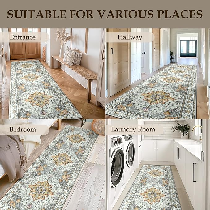 RELEANY Area Rugs Runner 2'x6' Washable Non-Slip, Floral Vintage Distress Medallion Carpet for Kitchen Hallway Bedroom Beside Laundry Room Bathroom, Beige Carbon Grey Orange