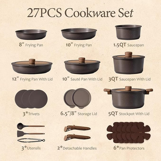 CAROTE 27-Piece Pots and Pans Set Non Stick with Detachable Handle, Nonstick Cookware Sets, Kitchen Cooking Set - Camping Cookware, Dishwasher & Oven Safe, Induction Compatible