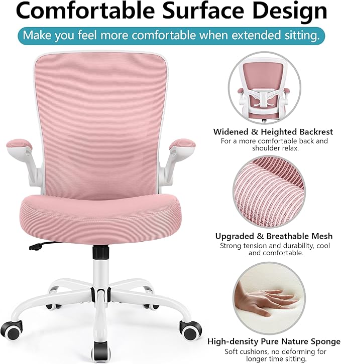 FelixKing Office Chair, Ergonomic Desk Chair Breathable Mesh Chairs Adjustable High Back Lumbar Support Flip-up Armrests, Executive Rolling Swivel Comfy Computer Chairs Home Office Rose Quartz