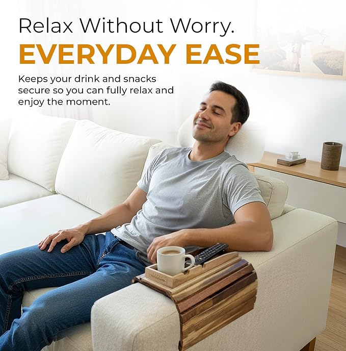 Couch Cup Holder Tray With 2 Cork Coasters, Couch Arm Tray, 2 In 1 Anti-Slip Foldable Sofa Arm Tray, Couch Armrest Table, Anti-Spill Couch Arm Table for Drinks TV Remote Cellphone Snacks (Acacia Wood)