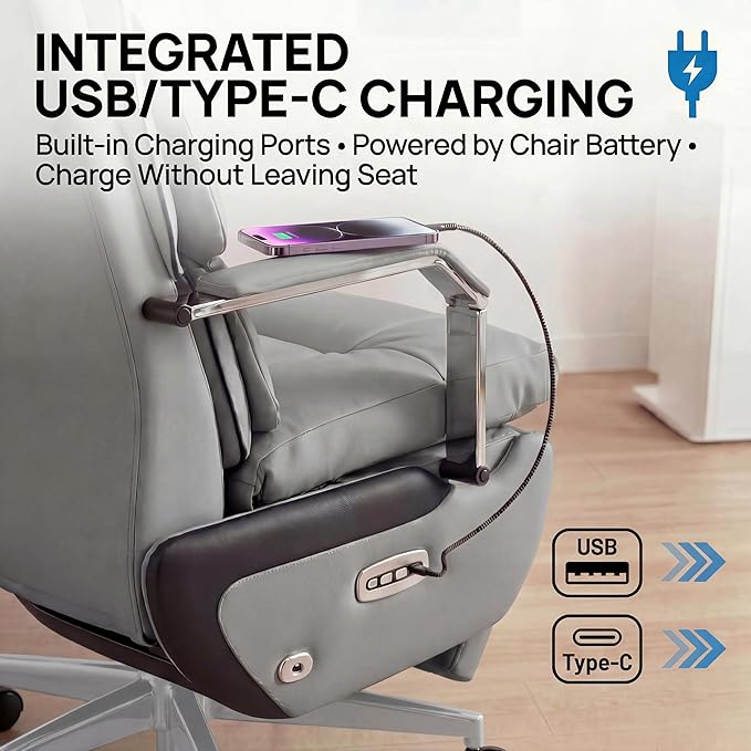Dual Motor Executive Home Reclining Office Chair with Footrest - One-Click Electric Recline with Massage & Pillow Support Big and Tall PU Leather Ergonomic Desk Chair, High Back Wide Seat (Gray)