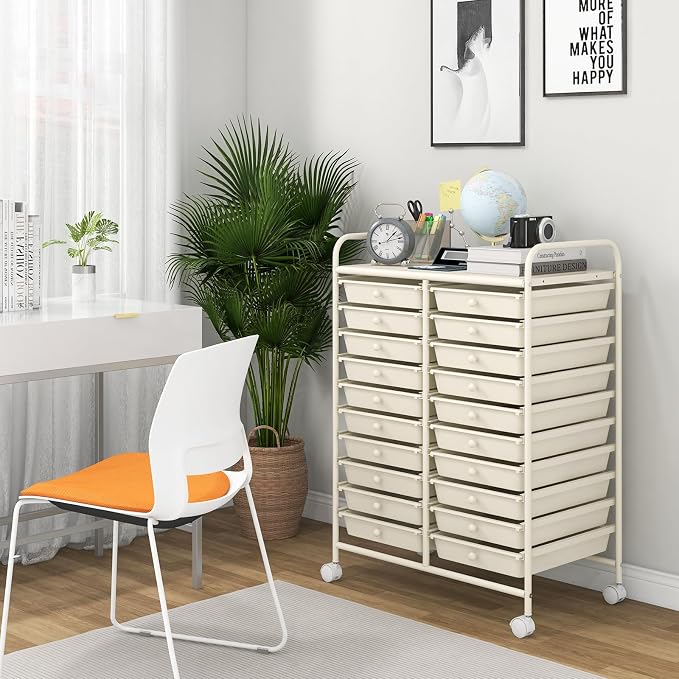 Giantex 20 Drawers Rolling Cart, Mobile Storage Drawer Cart, Classroom Organizer for Office School Supplies Tools Scrapbook Paper Craft Small Printer, Utility Stand on Wheels, Ivory White