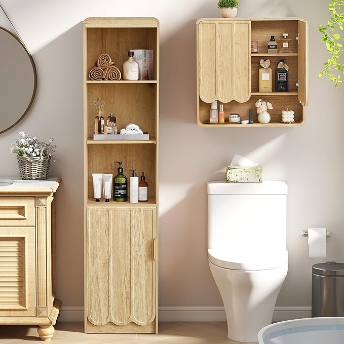 ORRD Narrow Tall Bathroom Storage Cabinet, Freestanding Storage Cabinet with Open Storage Compartments and Adjustable Shelf for Small Space, Bathroom, Living Room, Kitchen, (Natural)