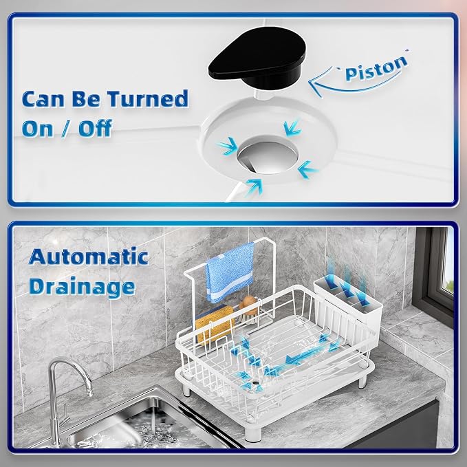 Dish Drying Rack, Stainless Steel-Dish Rack, Dish Racks for Kitchen Counter, Kitchen Dish Drainers with Removable Utensil Holder,New drain outlet,Plate Rack and Drainboard,(white 2 with Sponge Rack)