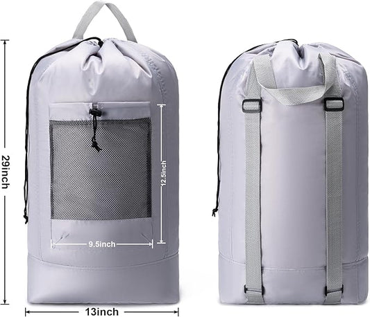 Backpack Laundry Bag,Large Travel Laundry Bags with Shoulder Straps and Mesh Pockets,Laundry Backpack with Drawstring Closure for College,Trave,Dorm, Apartment,Laundromat (Grey)