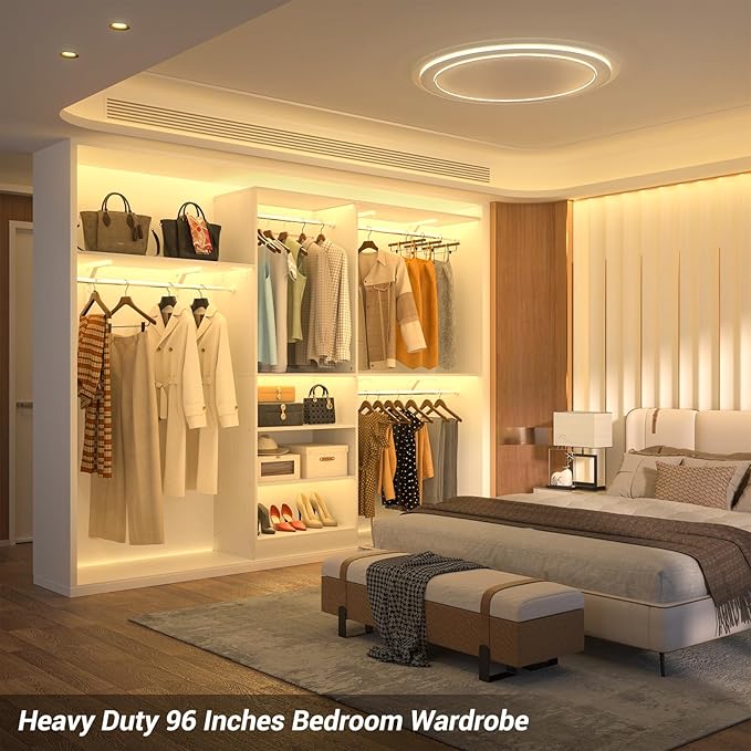 Armocity 96'' Closet System, 8FT Walk In Closet Organizer with 3 Shelving Towers, Heavy Duty Bedroom Wardrobe with 5 Shelves, Wall Mounted Clothes Rack (Can Be Cut To Fit), 96"L x 16"W x 75"H, White