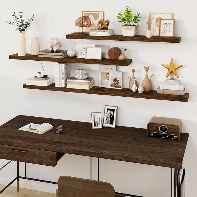Fun Memories Floating Shelves for Wall, 55Inch Floating Shelves Set of 2, Hanging Shelf with Invisible Brackets, Wood Shelves for Living Room, Bedroom, Kitchen, Brown